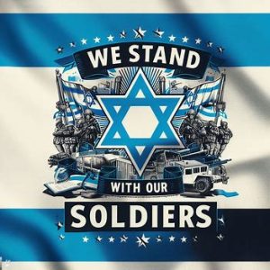 israeli flag with text we stand with our soldiers and star of david with contrasting colors made with AI